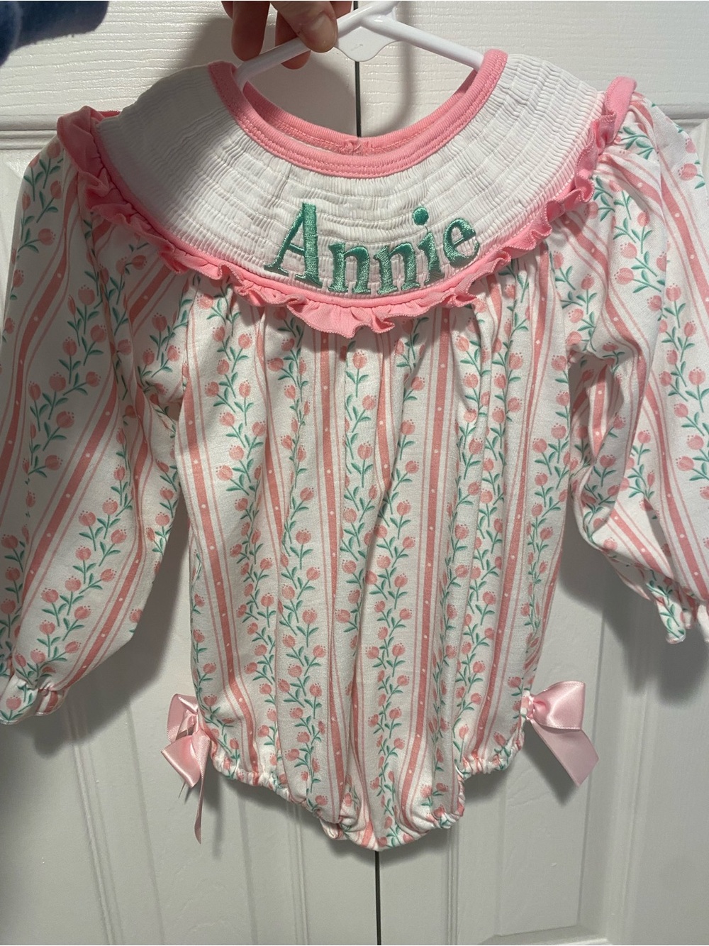 Personalized 'Annie' Pink & Green Floral Baby Romper 12 M